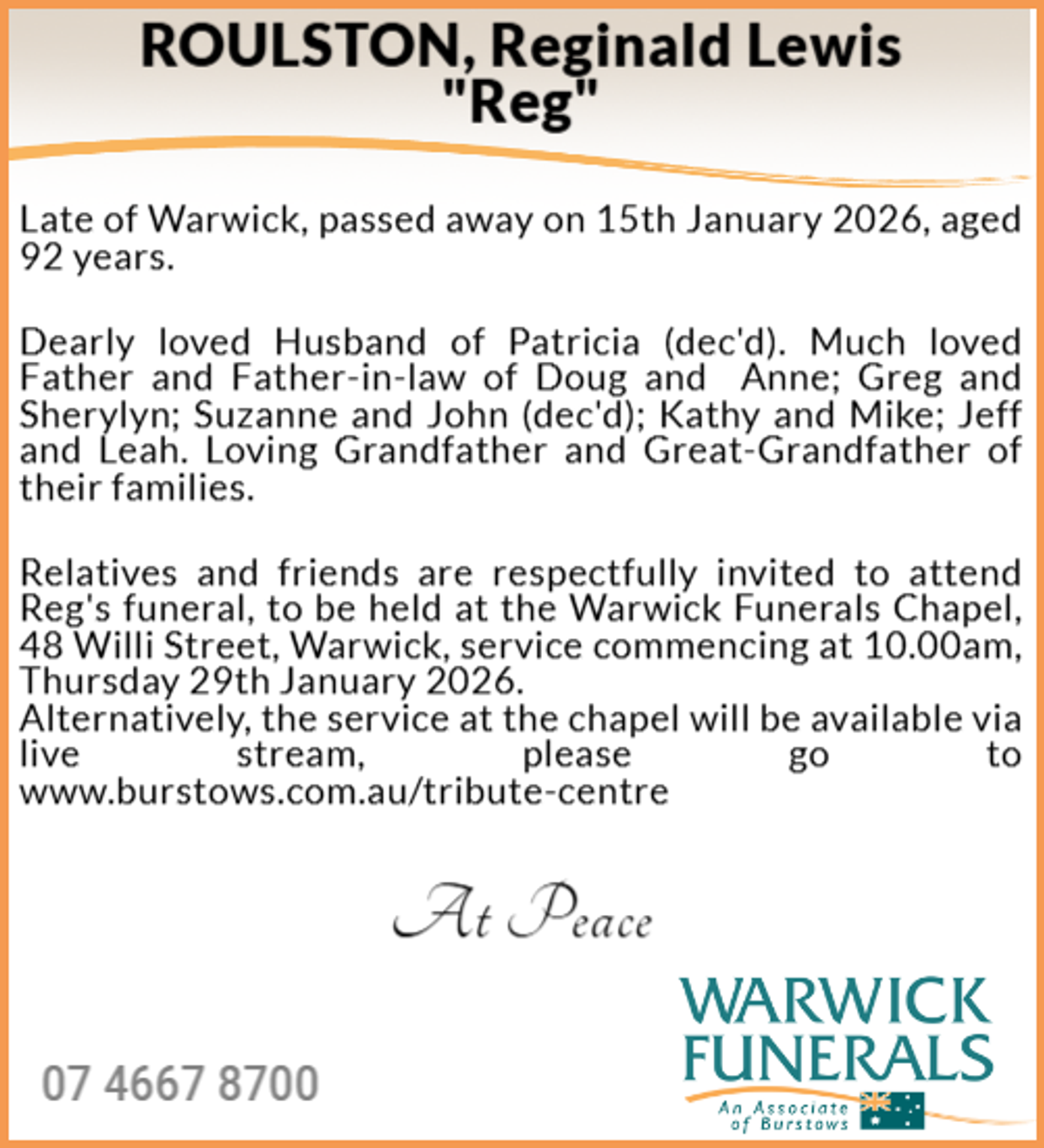 Funeral notice for Reginald Lewis Roulston