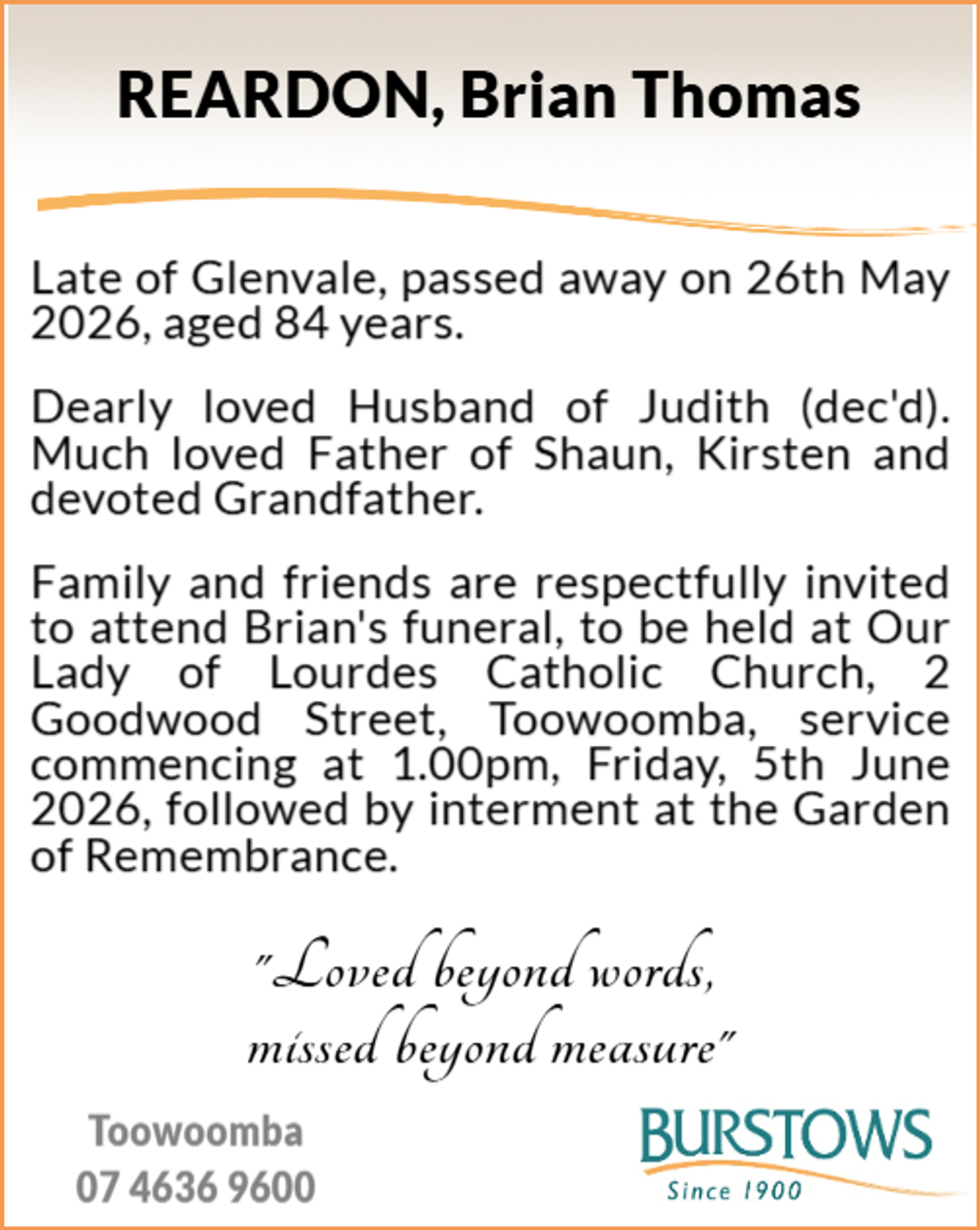Funeral notice for Brian Thomas Reardon