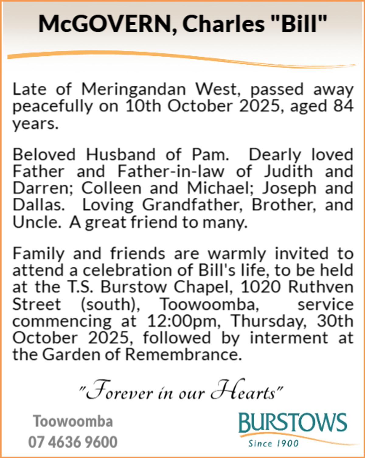 Funeral notice for Charles McGovern