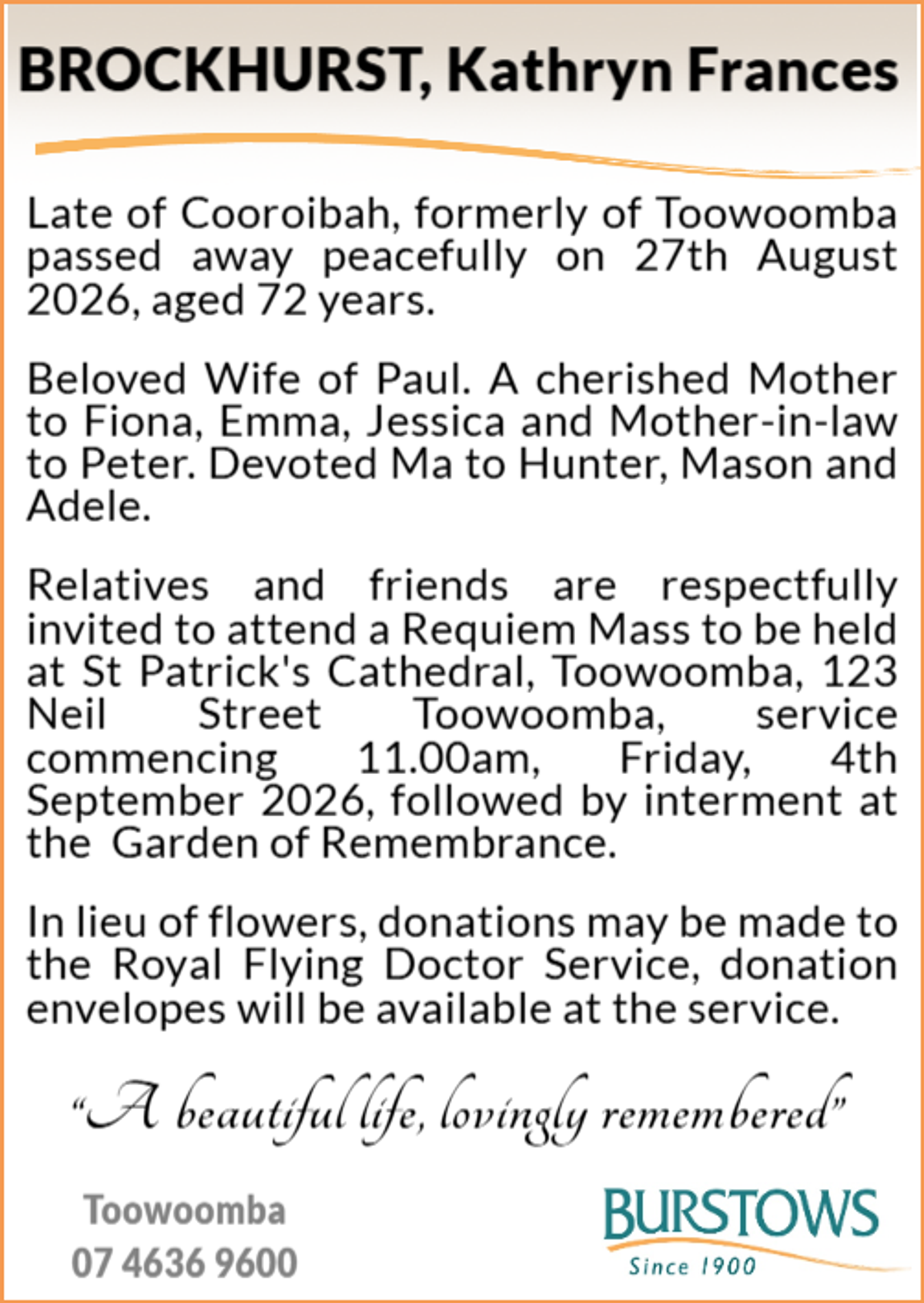 Funeral notice for Kathryn Frances Brockhurst