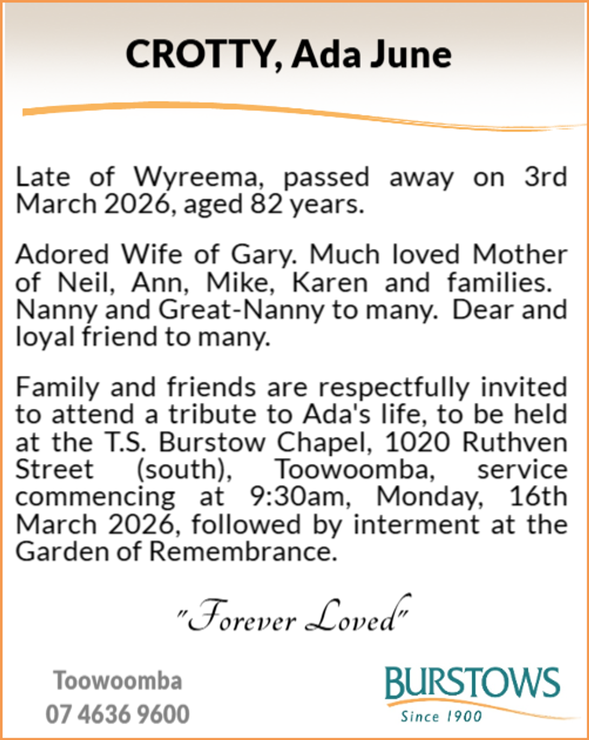 Funeral notice for Ada June Crotty