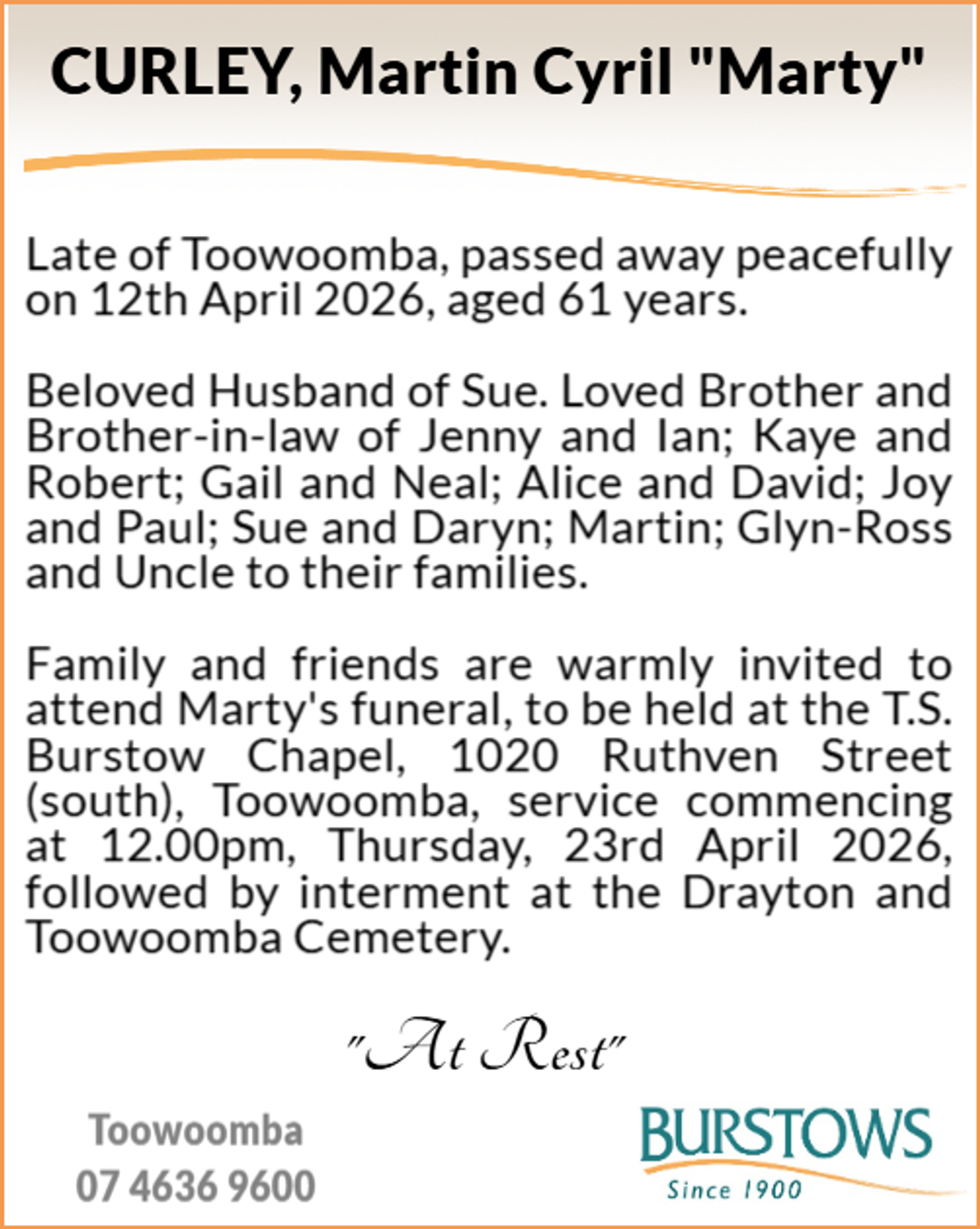 Funeral notice for Martin Cyril Curley