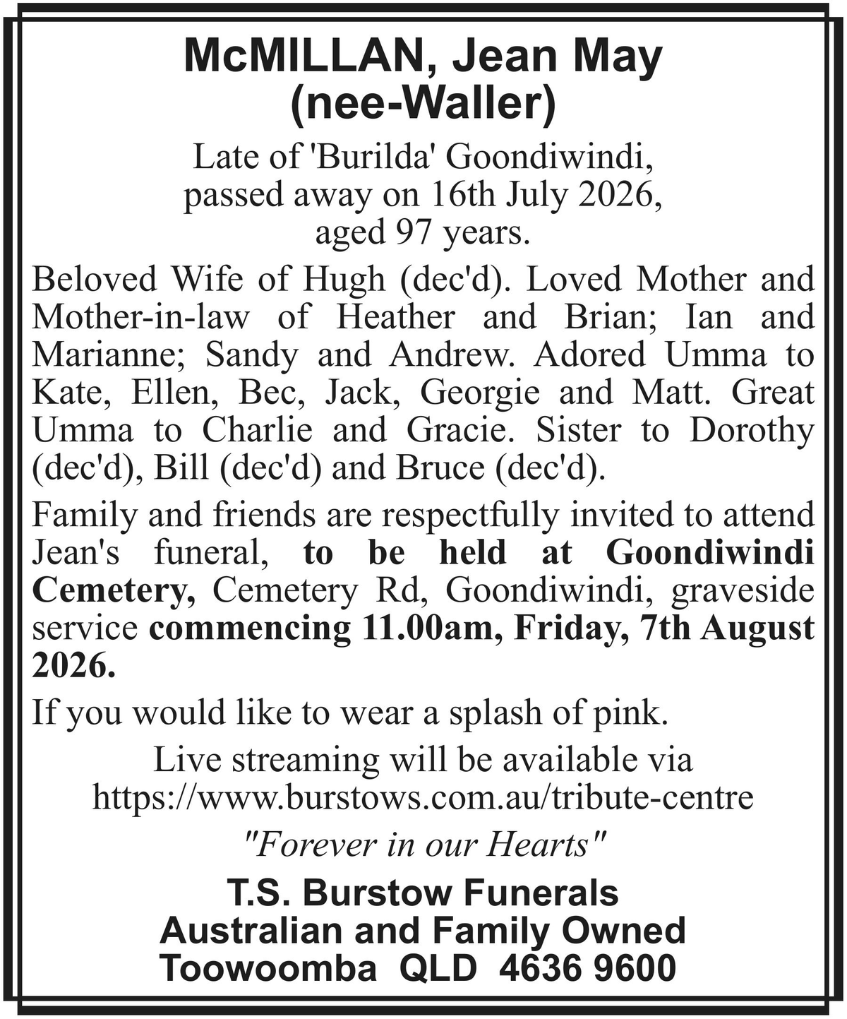 Funeral notice for Jean May McMillan