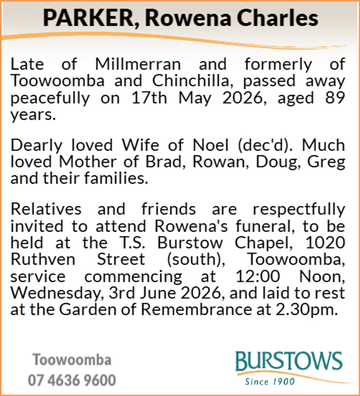Funeral notice for Rowena Charles Parker