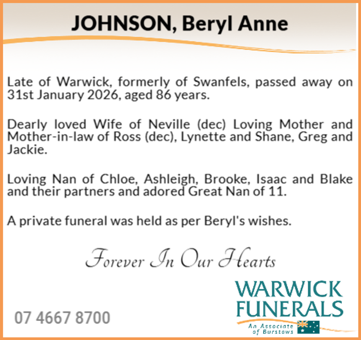 Funeral notice for Beryl Anne Johnson