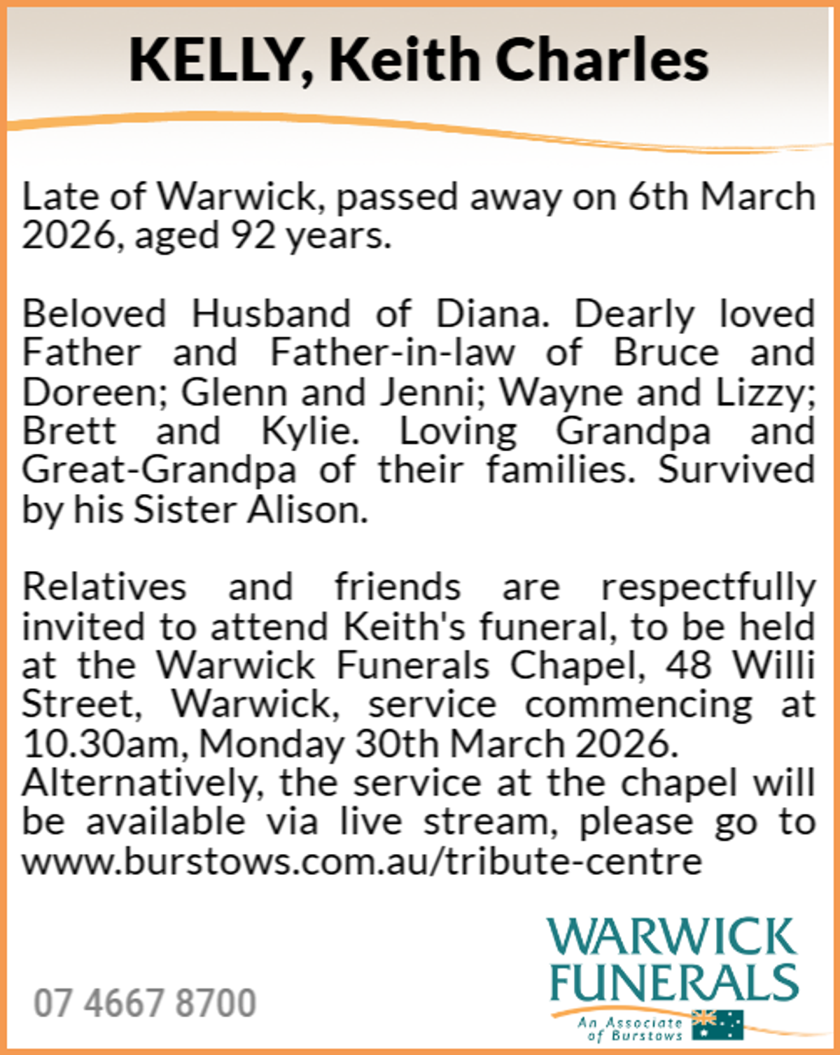 Funeral notice for Keith Charles Kelly