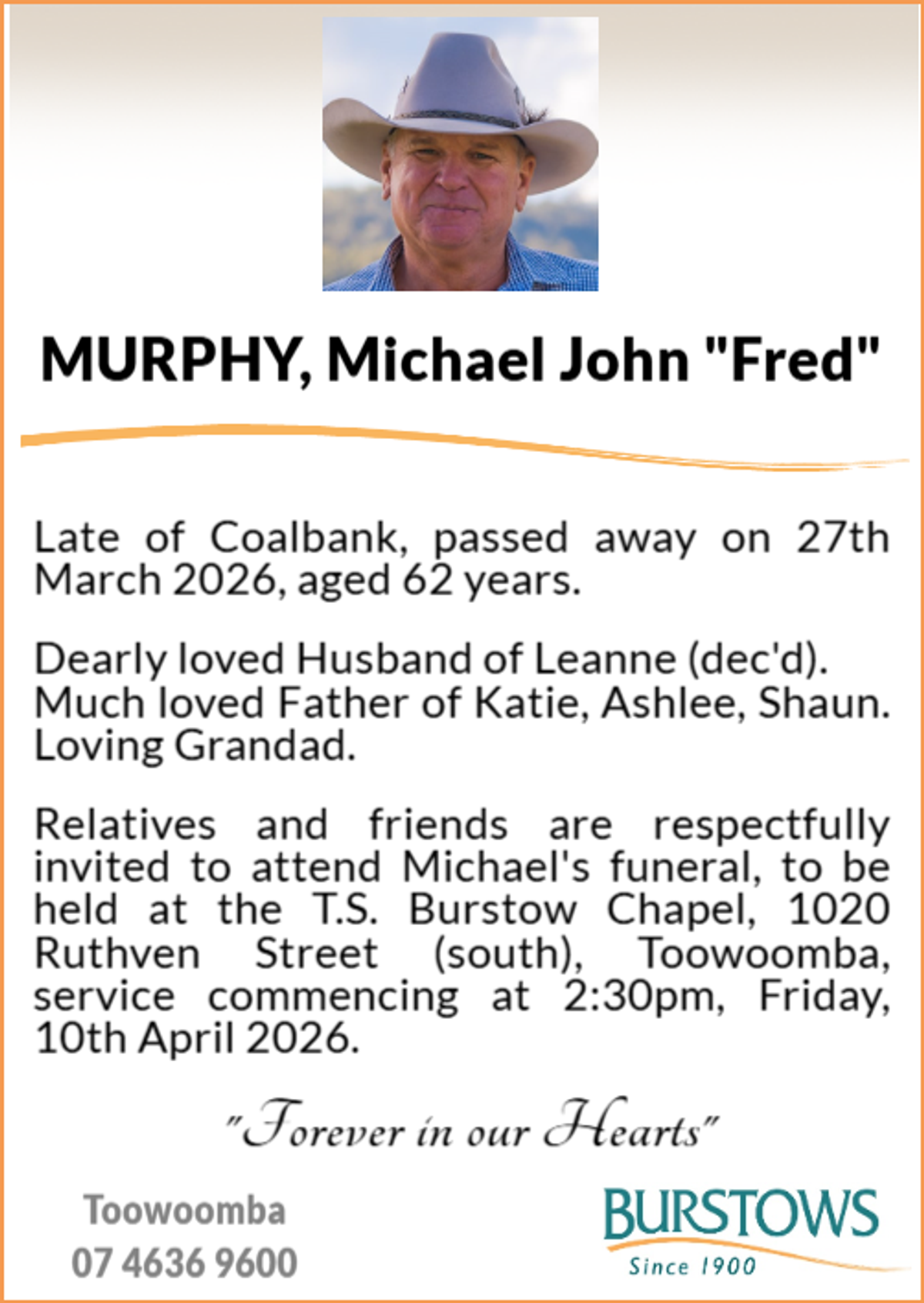 Funeral notice for Michael John Murphy