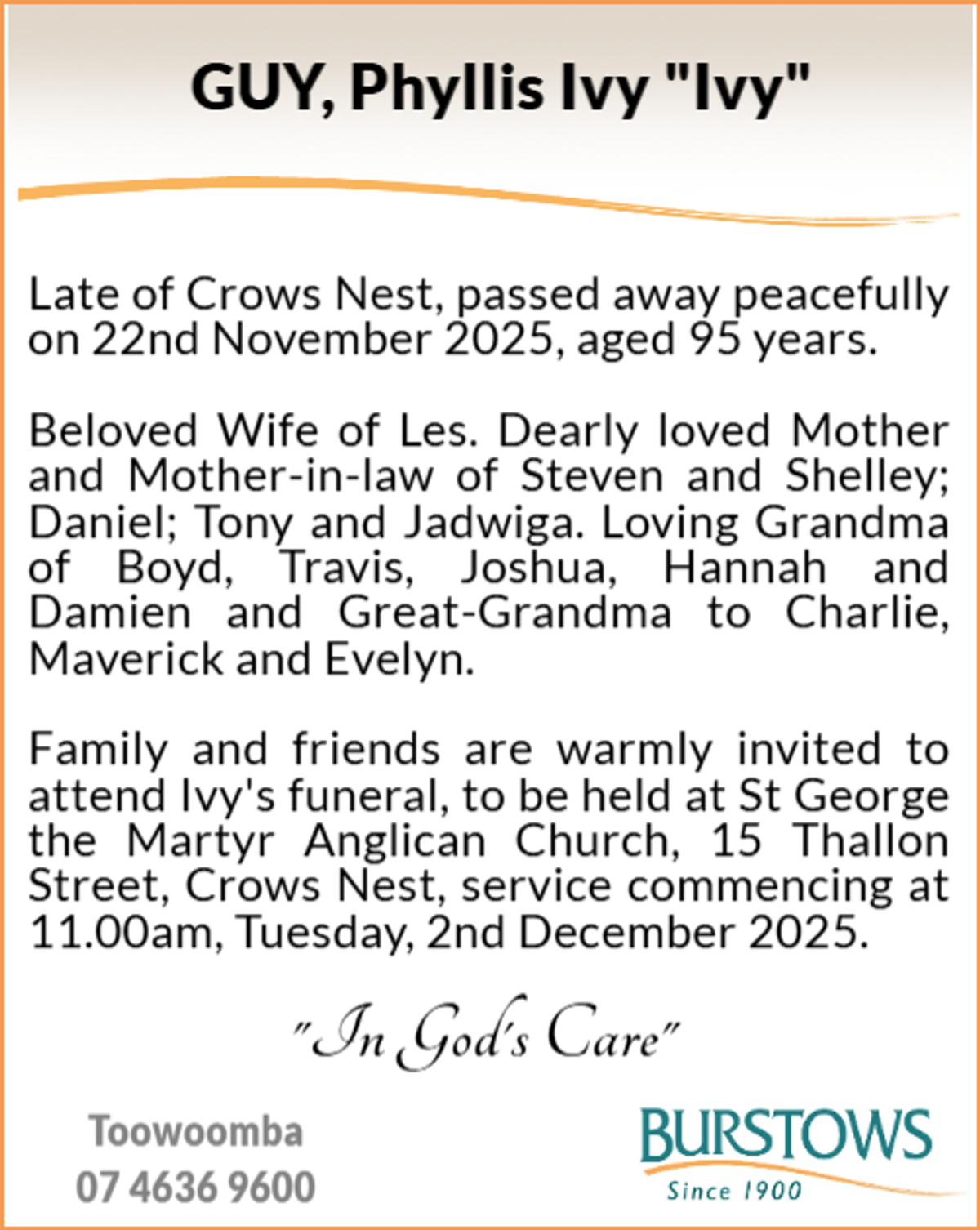 Funeral notice for Phyllis Ivy Guy