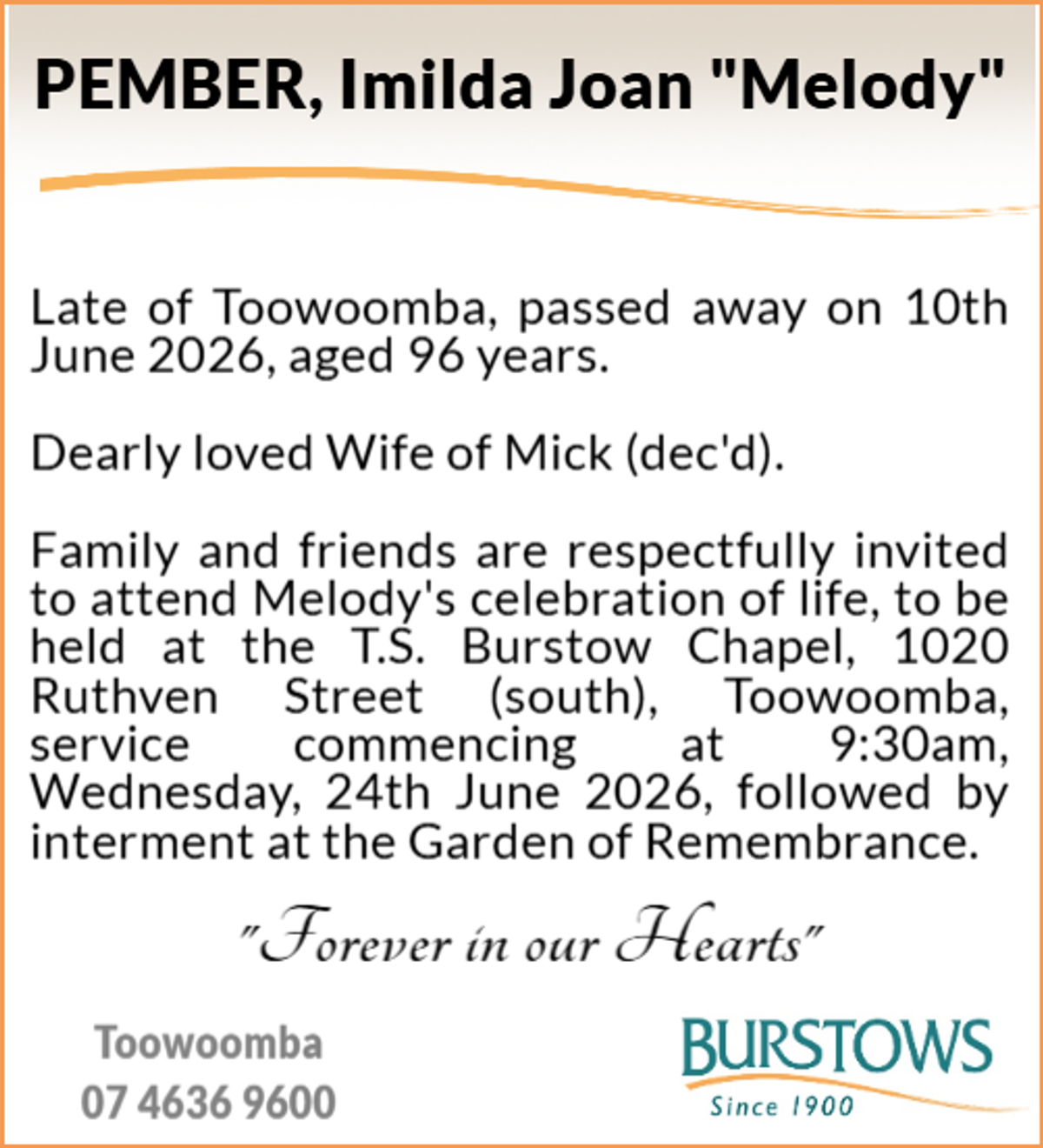 Funeral notice for Imelda Joan Pember