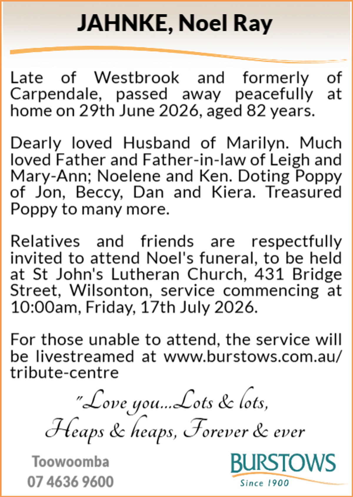 Funeral notice for Noel Ray Jahnke