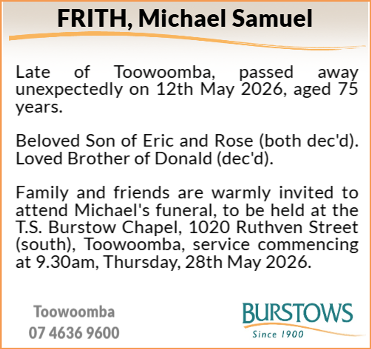 Funeral notice for Michael Samuel Frith
