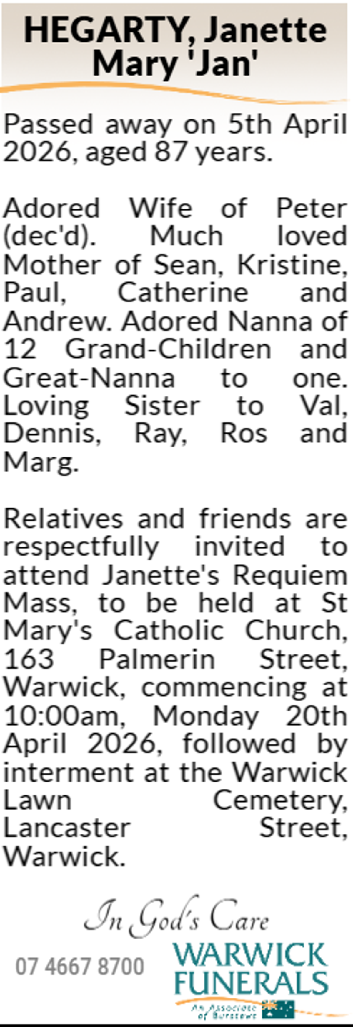 Funeral notice for Janette Hegarty