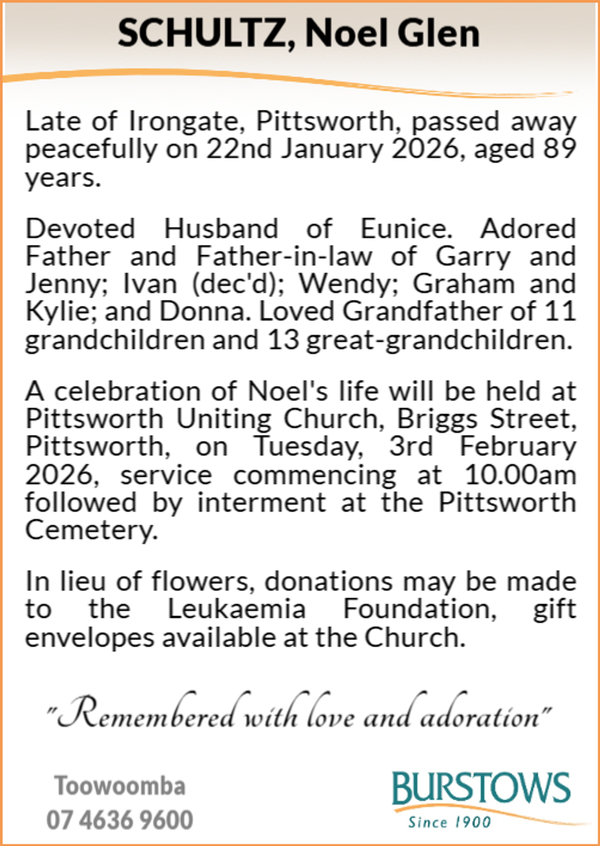 Funeral notice for Noel Glen Schultz