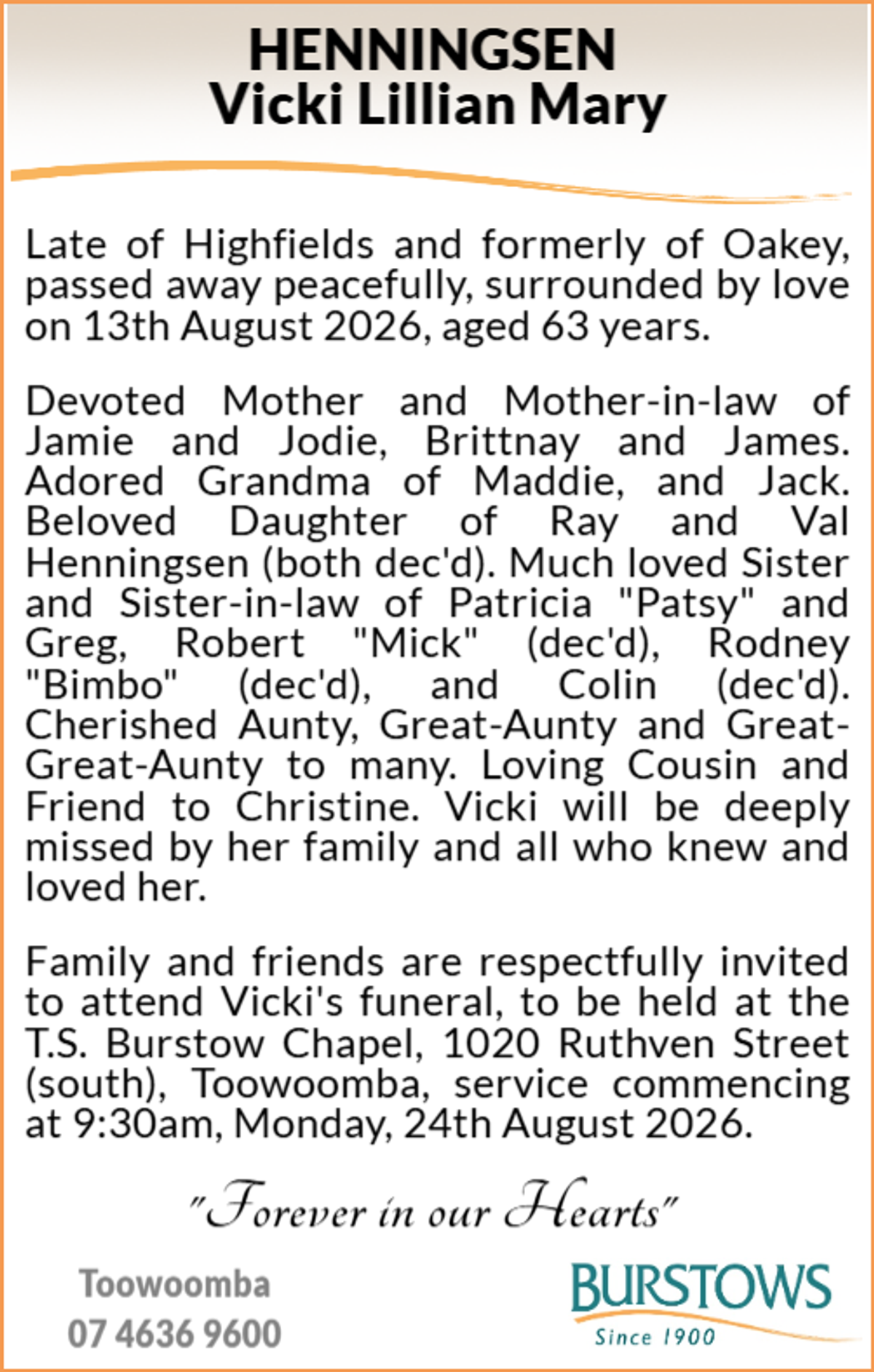 Funeral notice for Vicki Lillian Mary Henningsen
