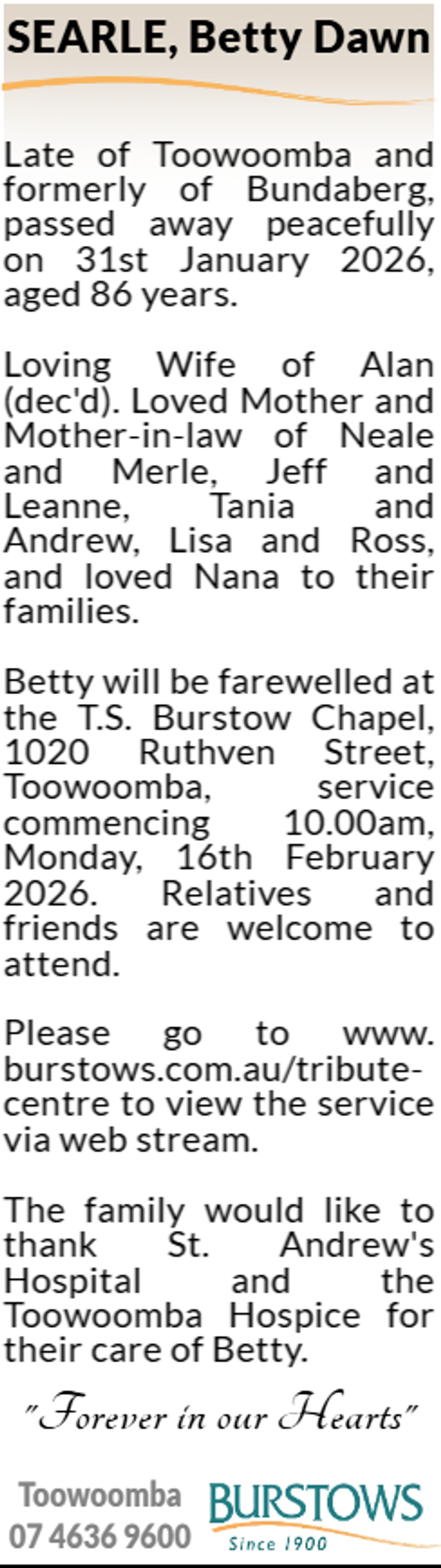 Funeral notice for Betty Dawn Searle