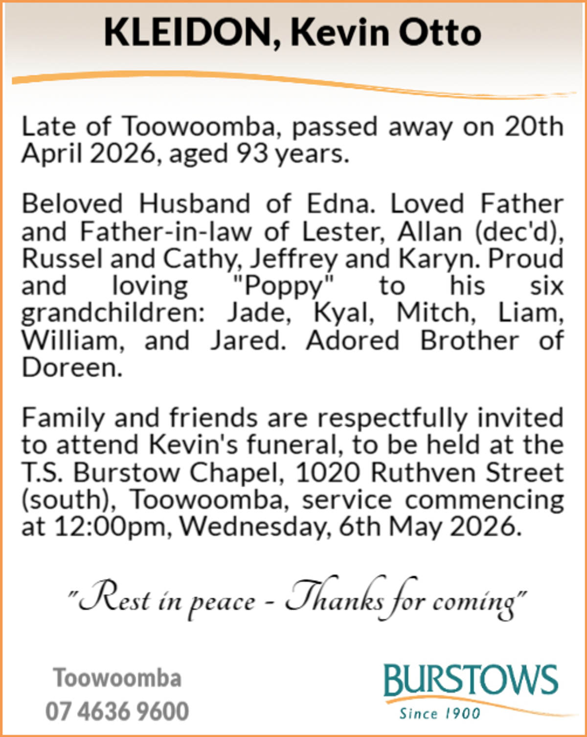 Funeral notice for Kevin Otto Kleidon
