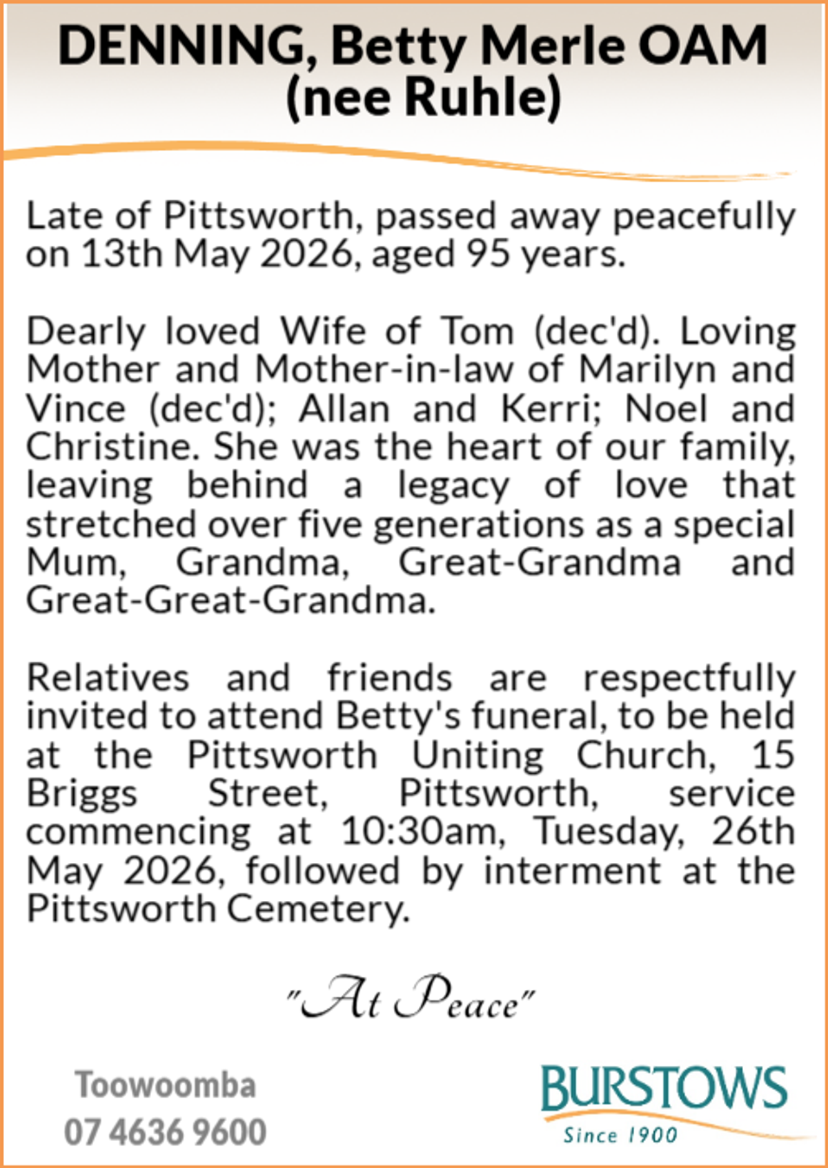 Funeral notice for Betty Merle Denning OAM