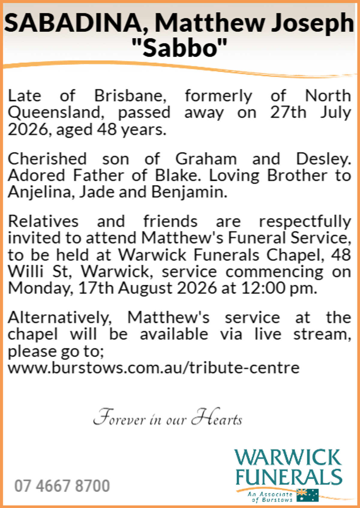 Funeral notice for Matthew Joseph Sabadina