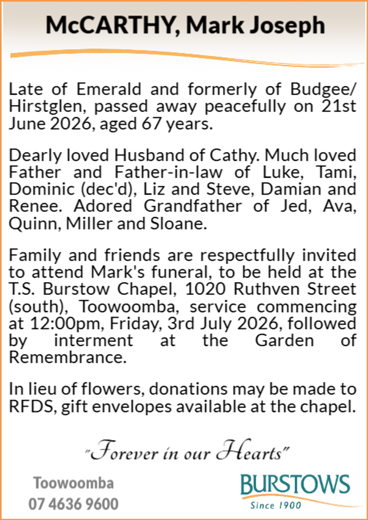 Funeral notice for Mark Joseph McCarthy