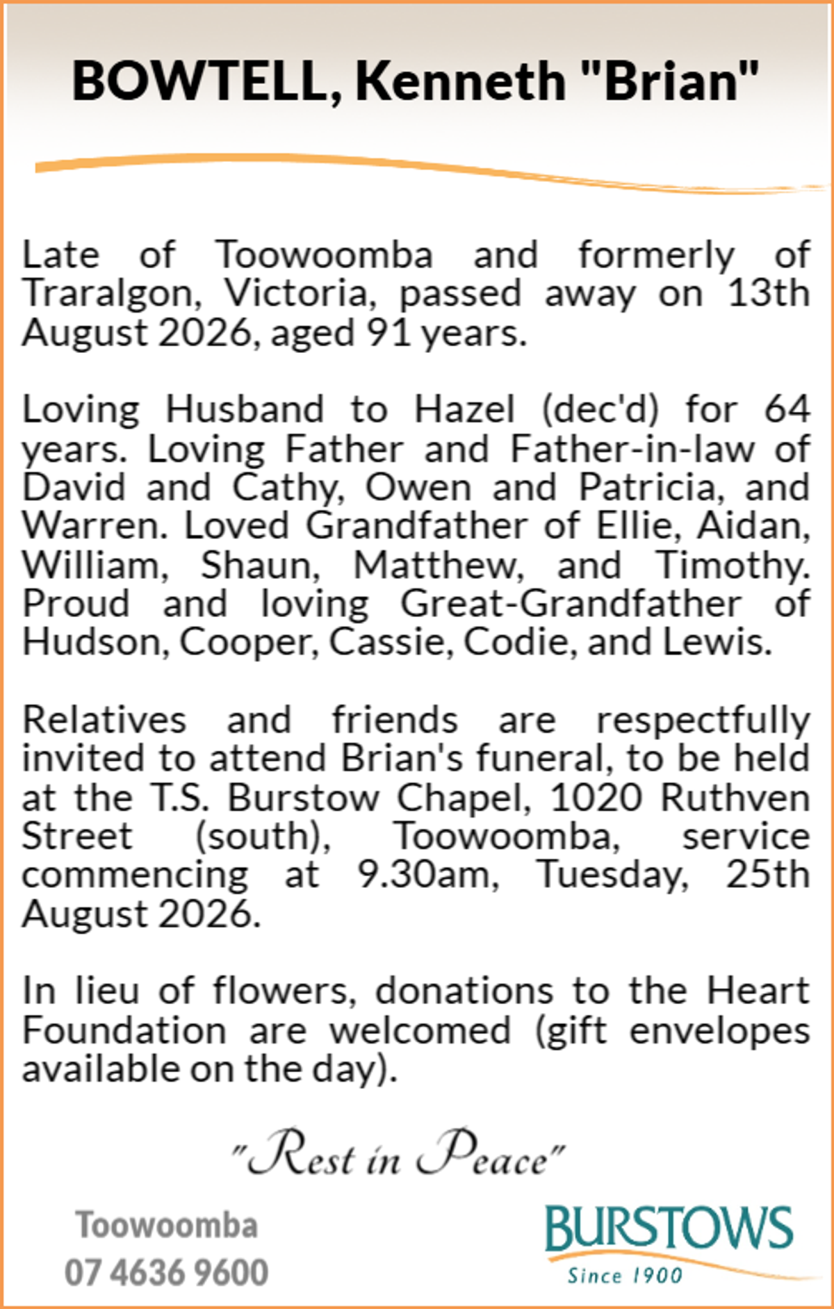Funeral notice for Kenneth Brian Bowtell