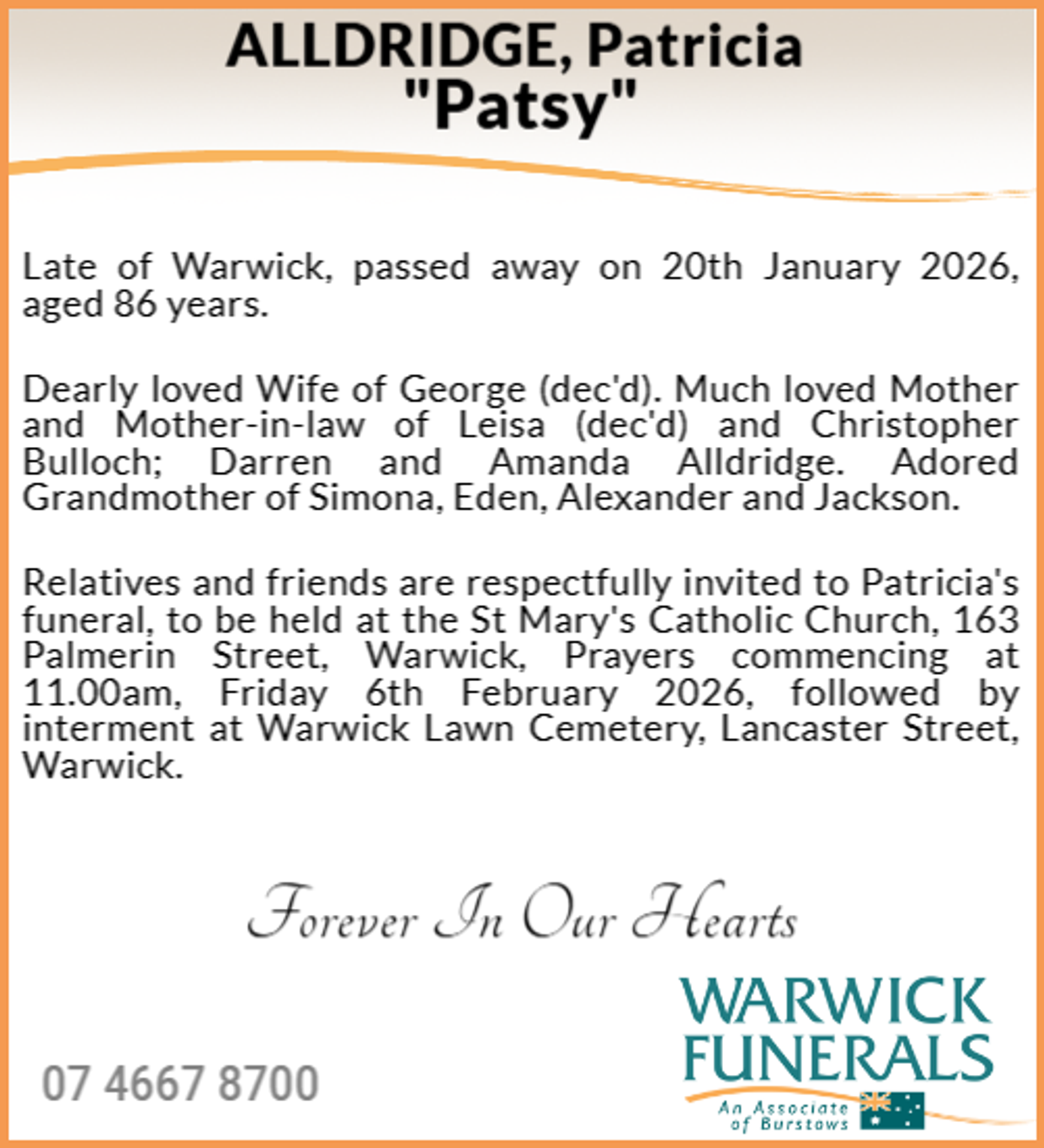 Funeral notice for Patricia Margaret Alldridge
