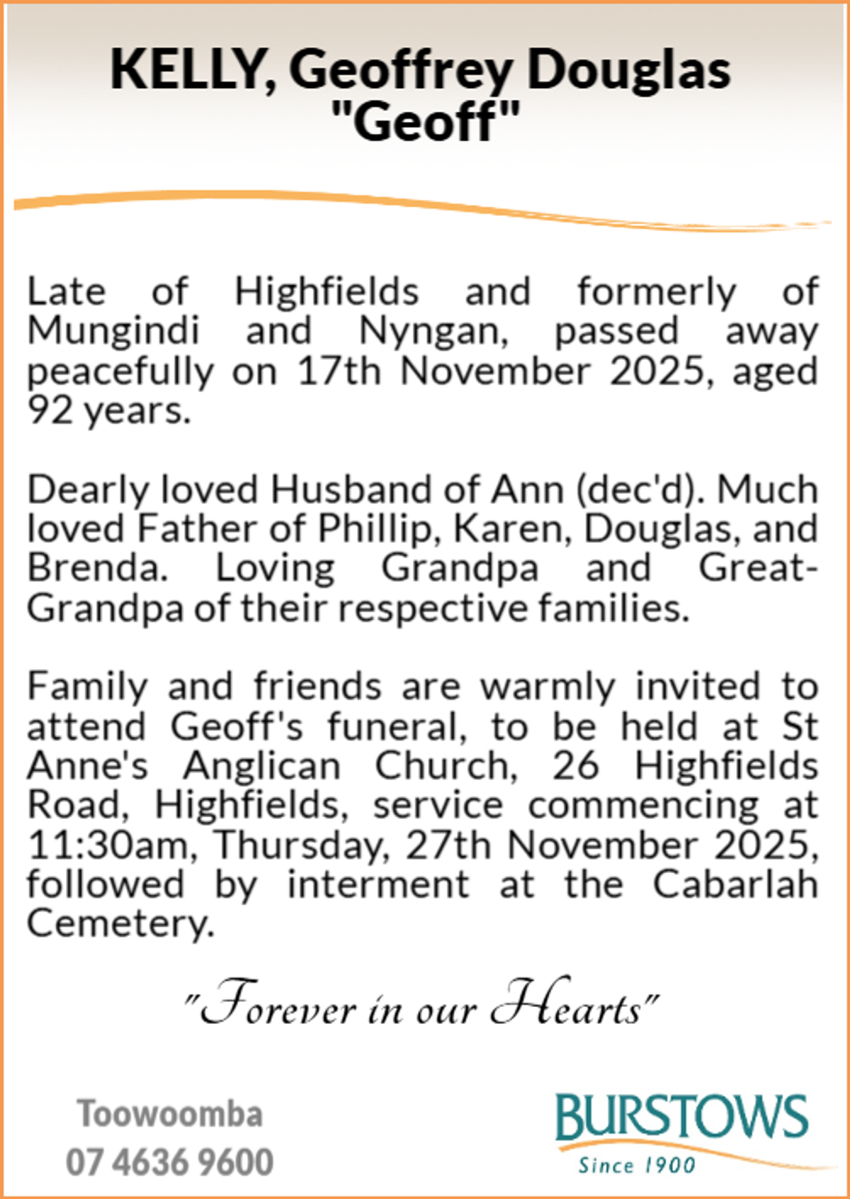 Funeral notice for Geoffrey Douglas Kelly