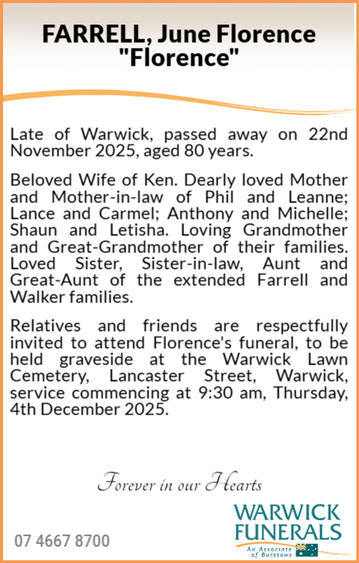 Funeral notice for June Florence Farrell