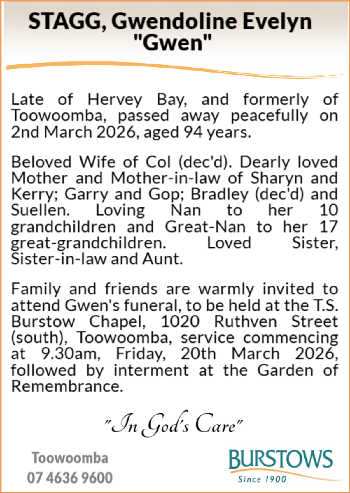 Funeral notice for Gwendoline Evelyn Stagg