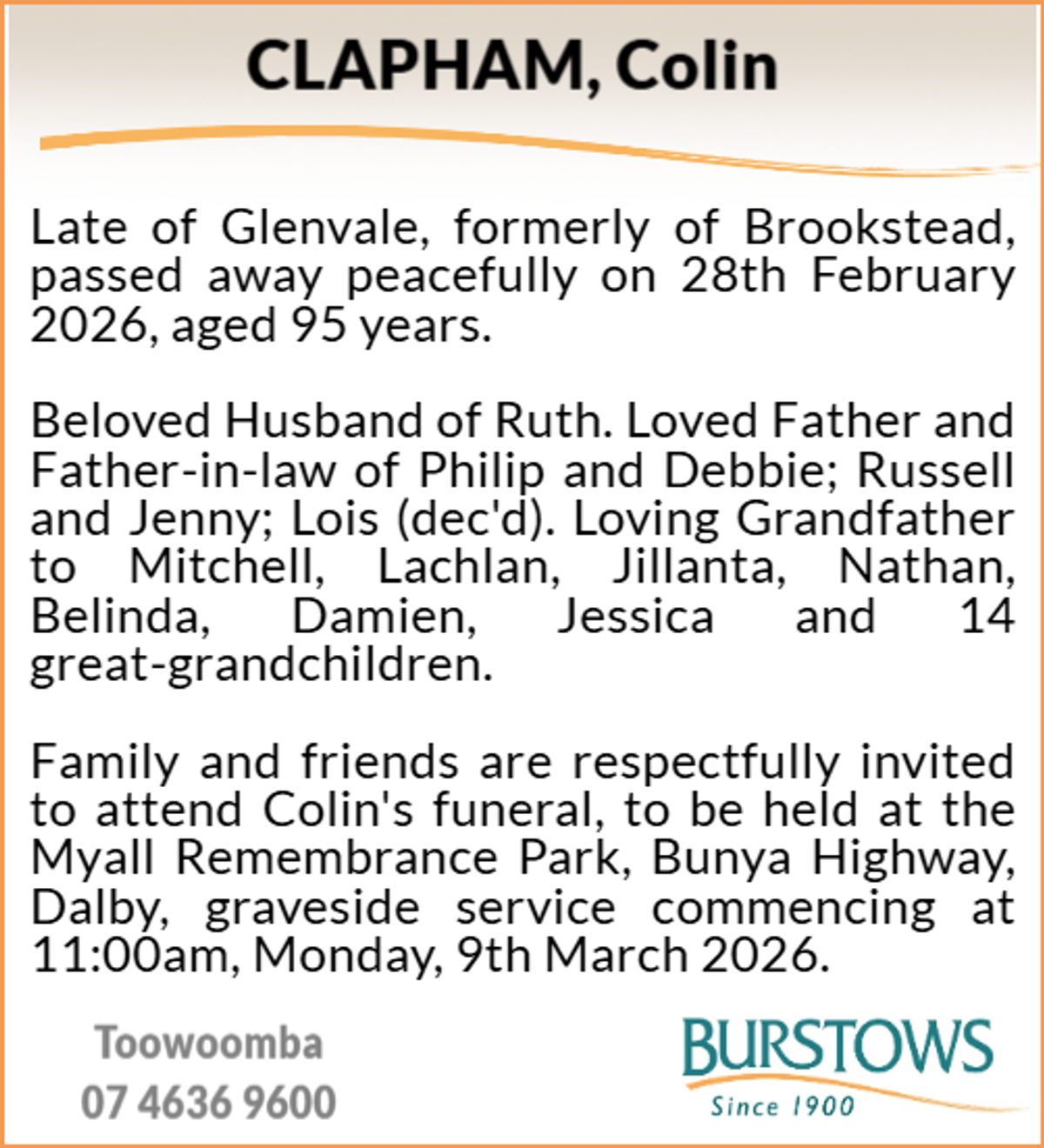 Funeral notice for Colin Clapham