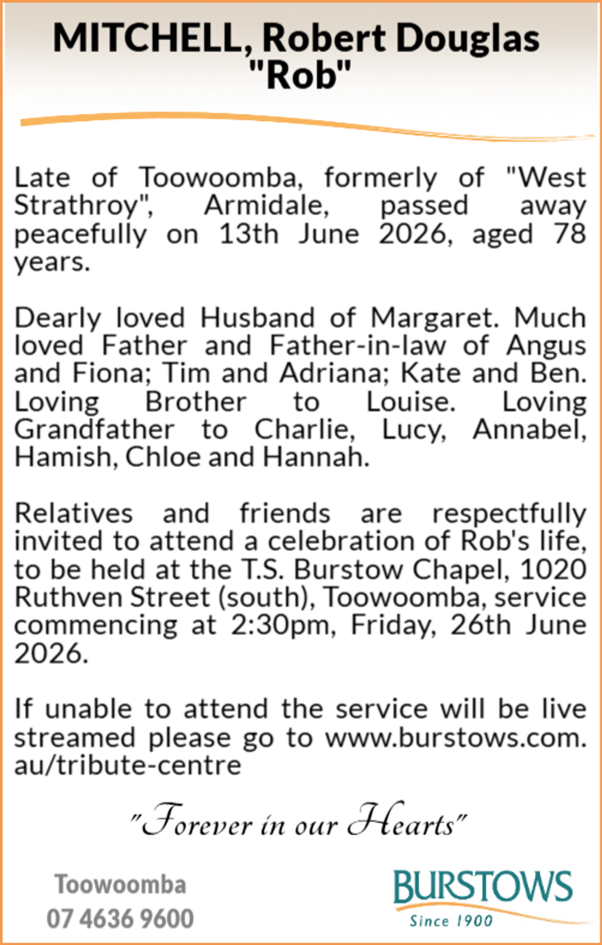 Funeral notice for Robert Douglas Mitchell