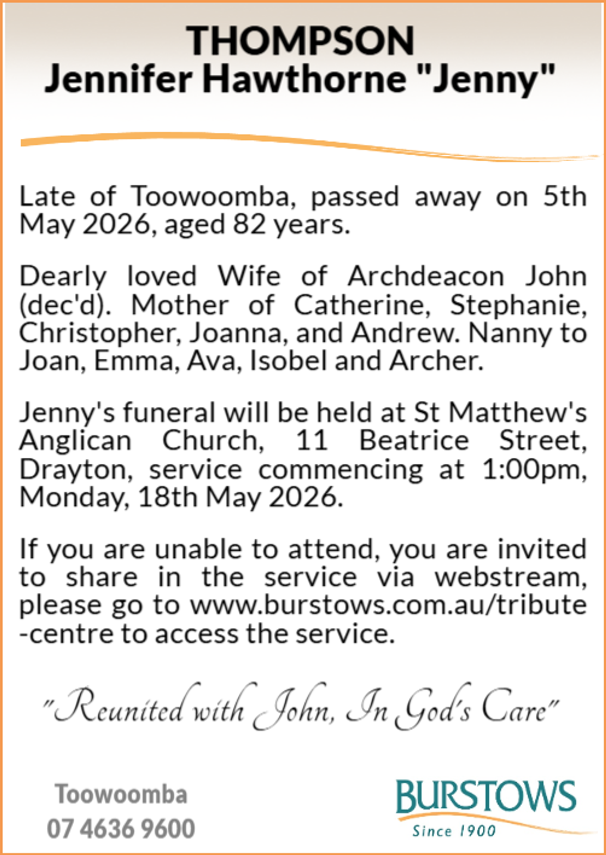 Funeral notice for Jennifer Hawthorne Thompson