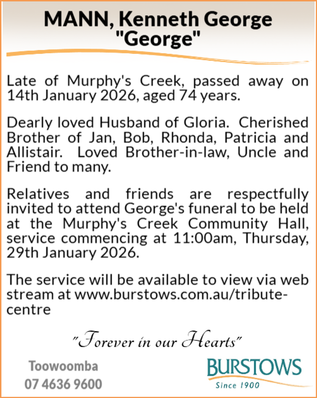 Funeral notice for Kenneth George Mann