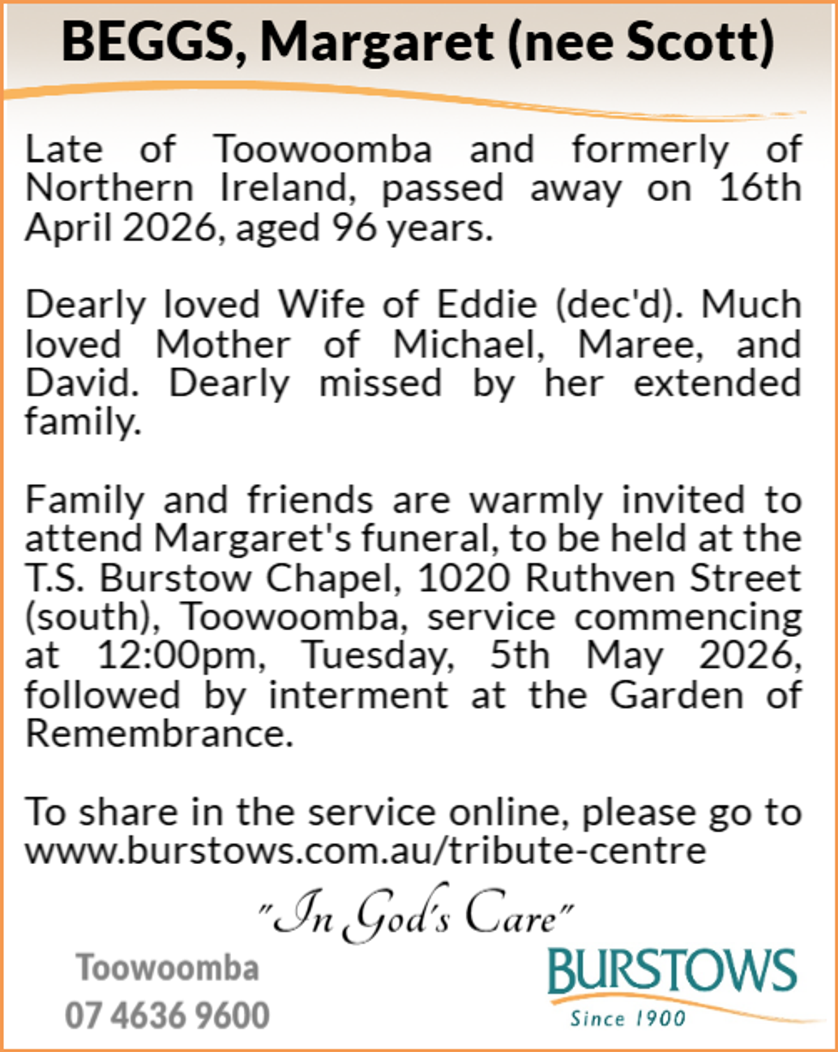 Funeral notice for Margaret Beggs