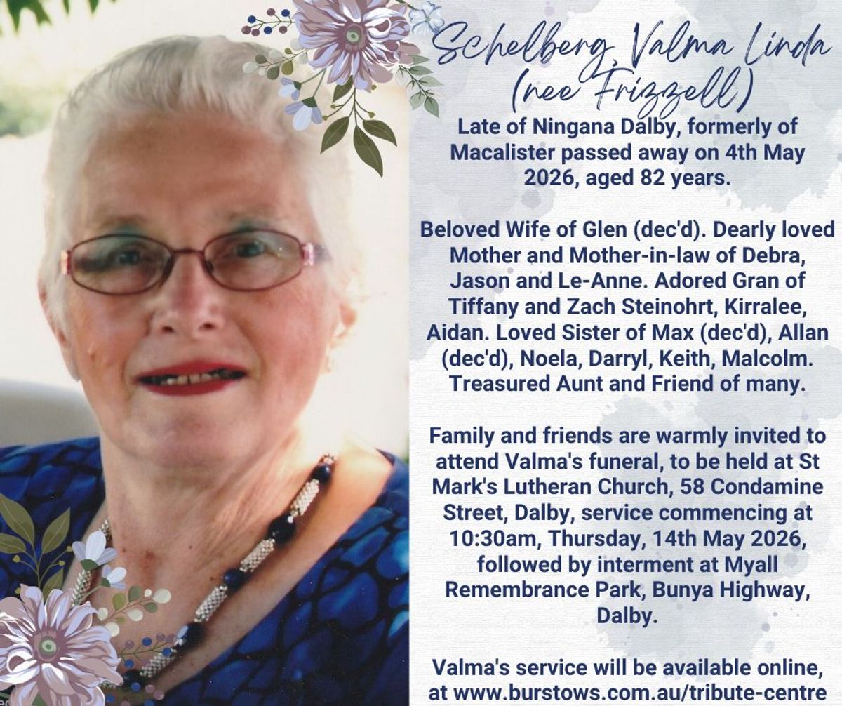 Funeral notice for Valma Linda Schelberg