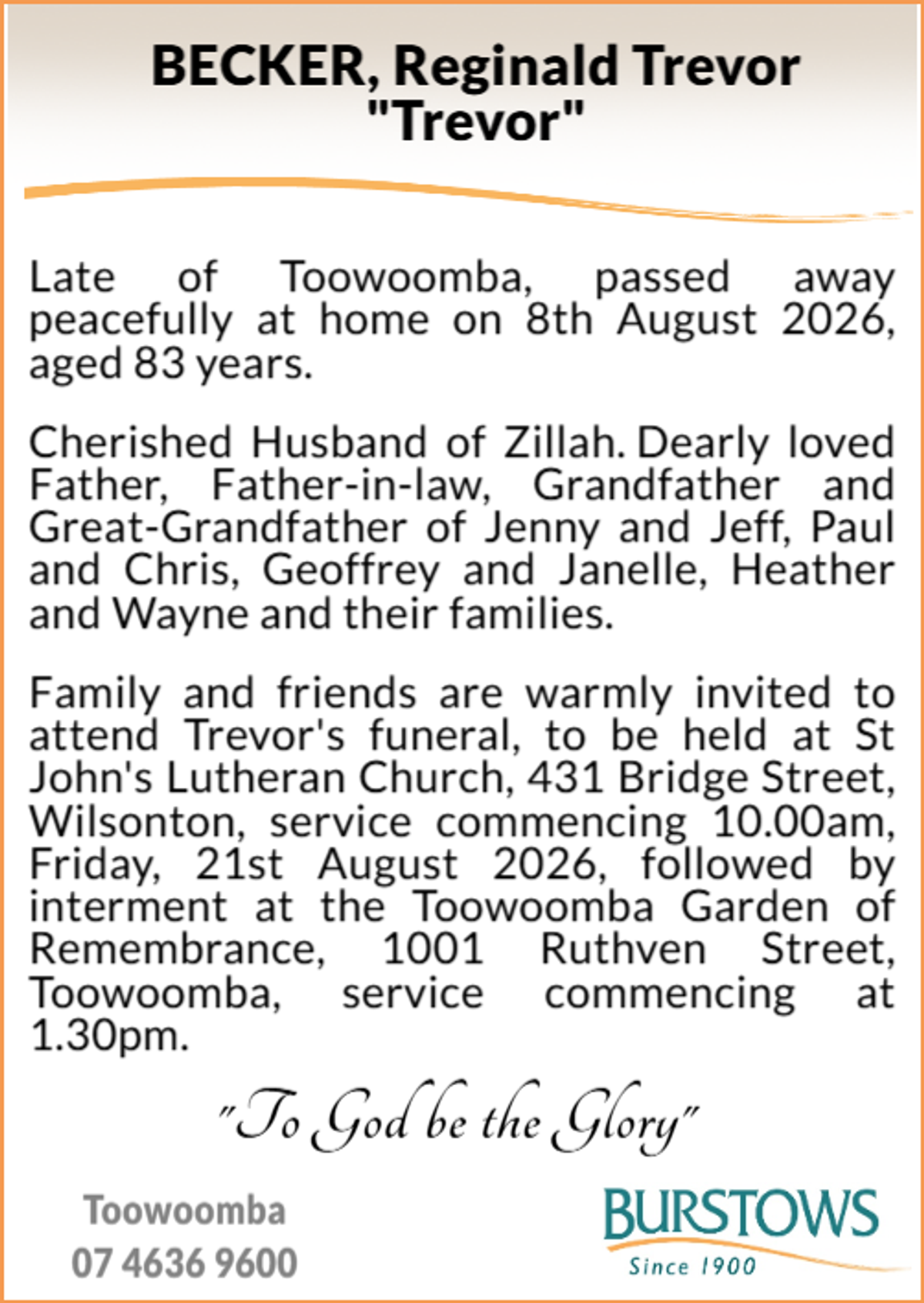 Funeral notice for Reginald Trevor Becker