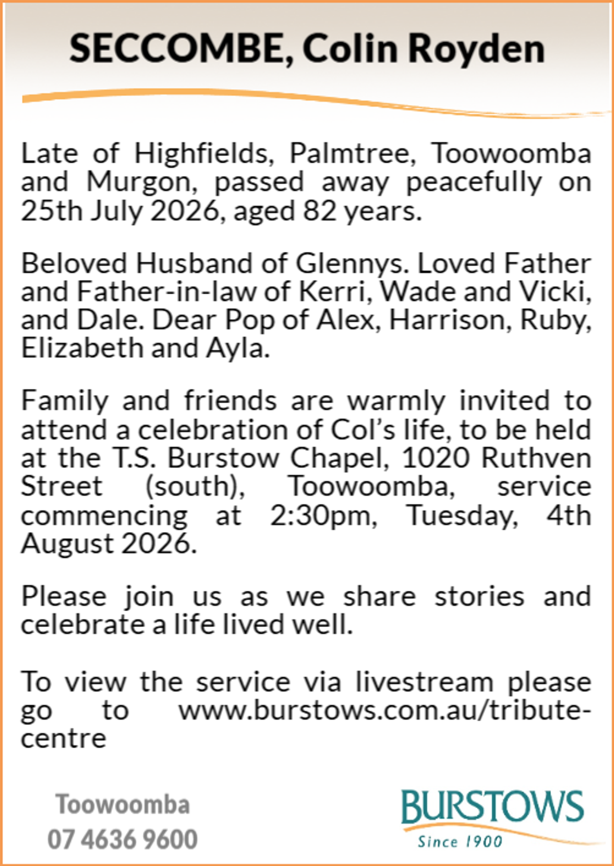 Funeral notice for Colin Royden Seccombe