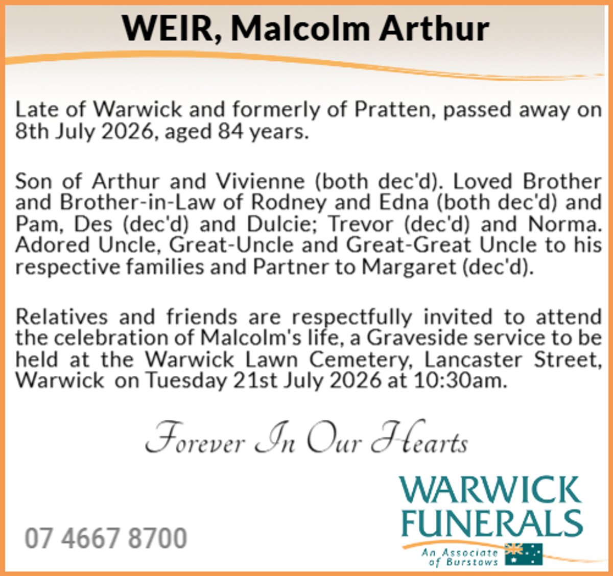 Funeral notice for Malcolm Arthur Weir