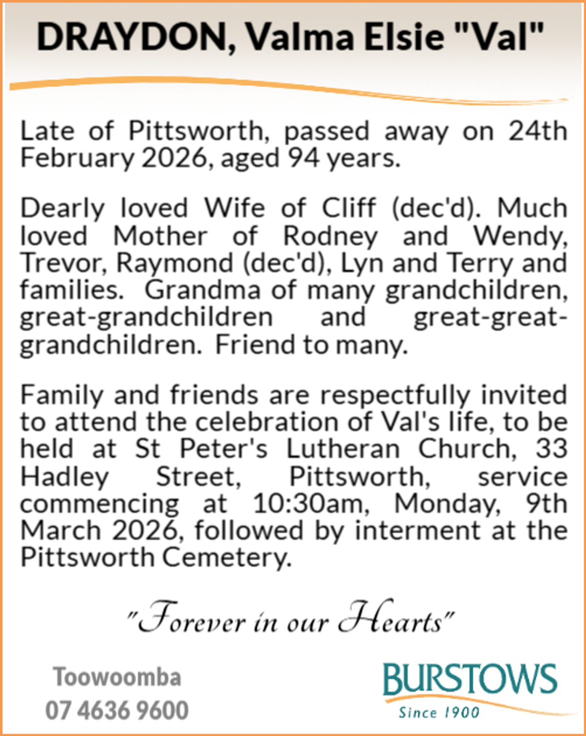 Funeral notice for Valma Elsie Draydon