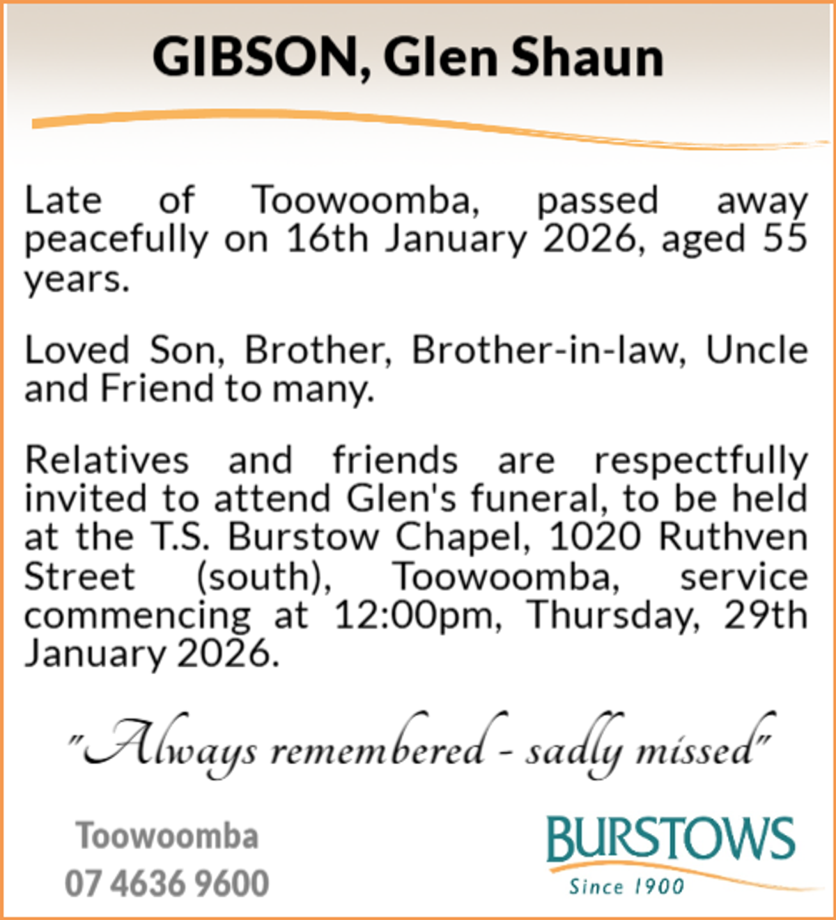 Funeral notice for Glen Shaun Gibson