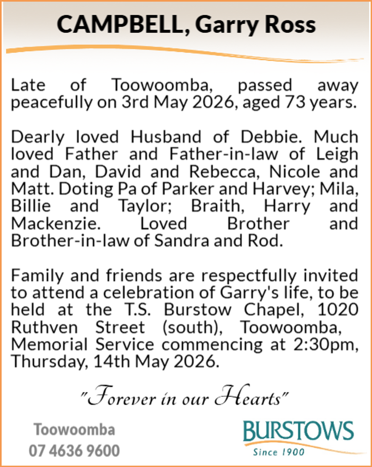 Funeral notice for Garry Ross Campbell