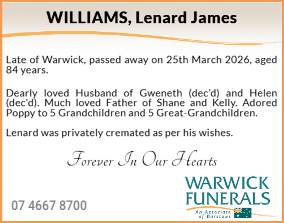 Funeral notice for Lenard James Williams
