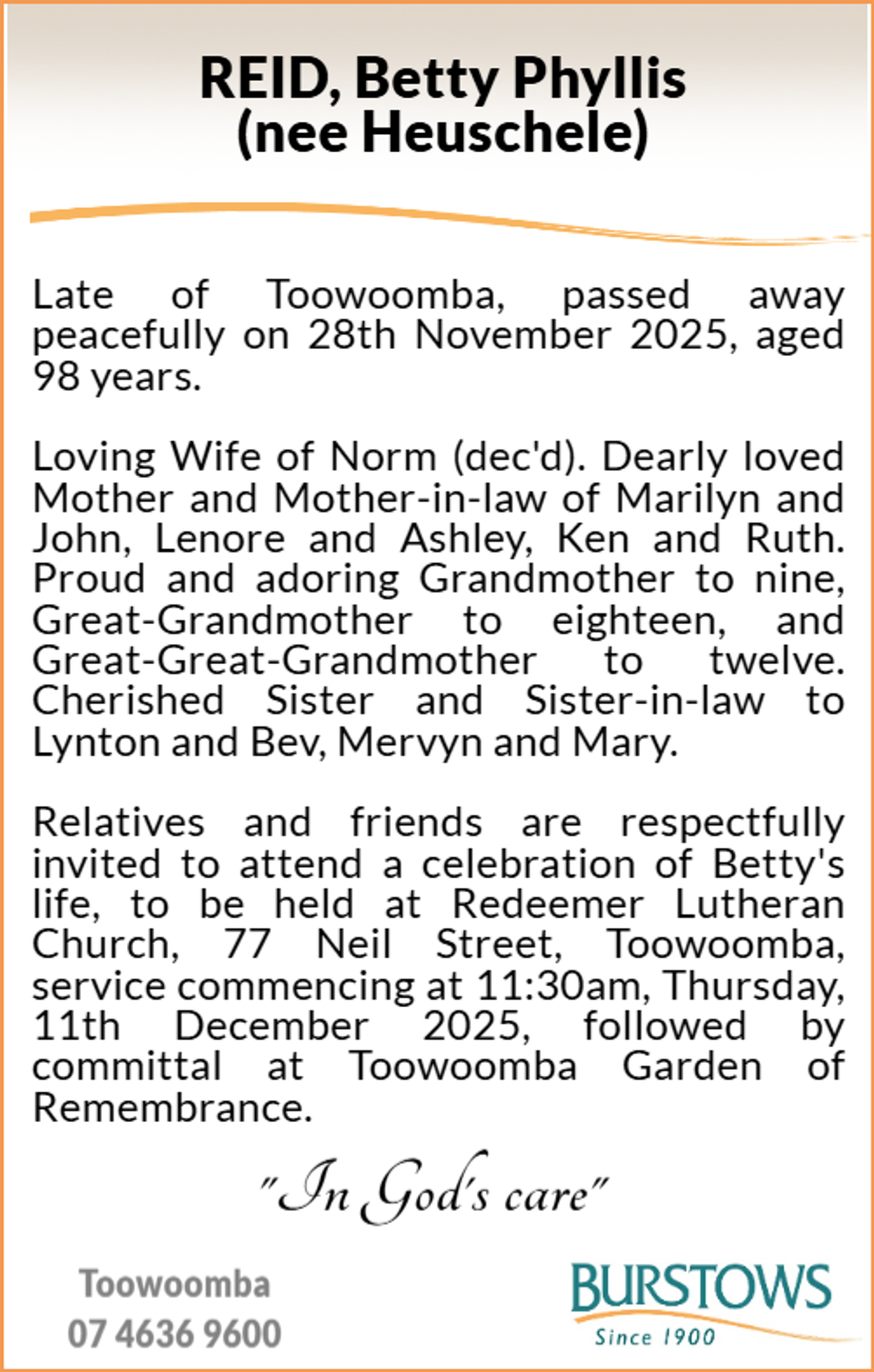 Funeral notice for Betty Phyllis Reid