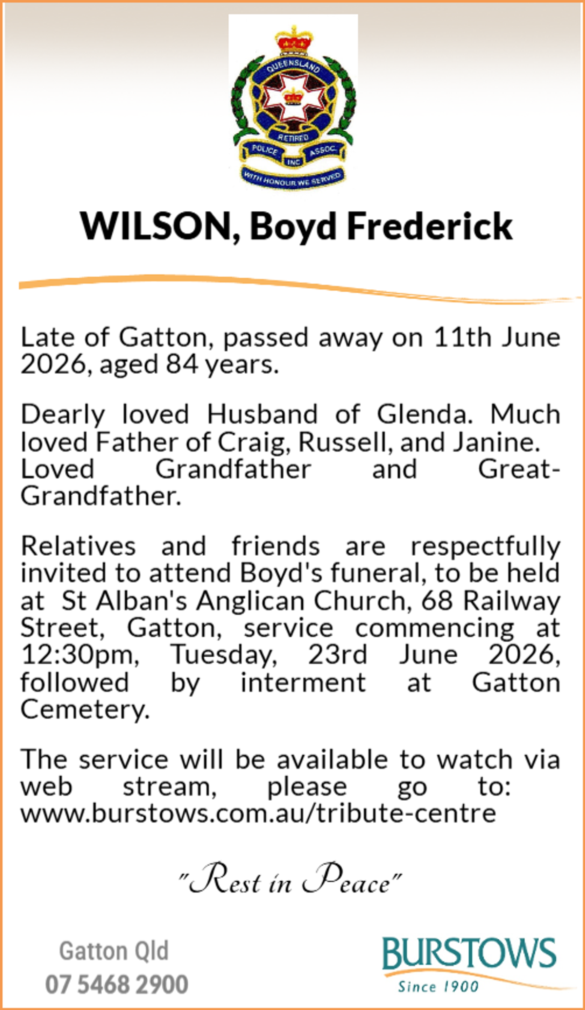 Funeral notice for Boyd Frederick Wilson