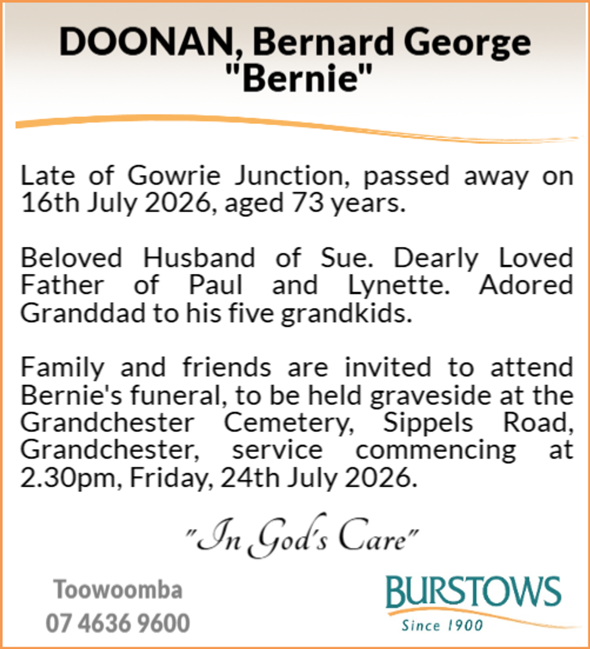 Funeral notice for Bernard George Doonan