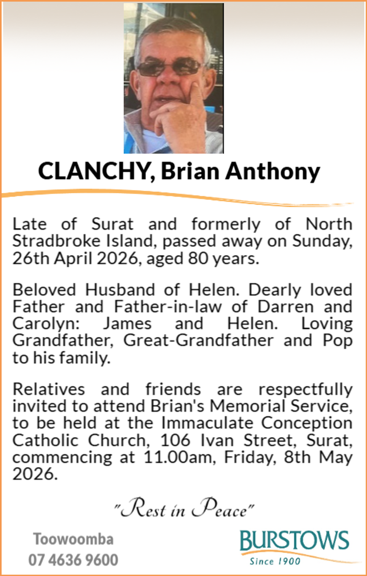Funeral notice for Brian Anthony Clanchy