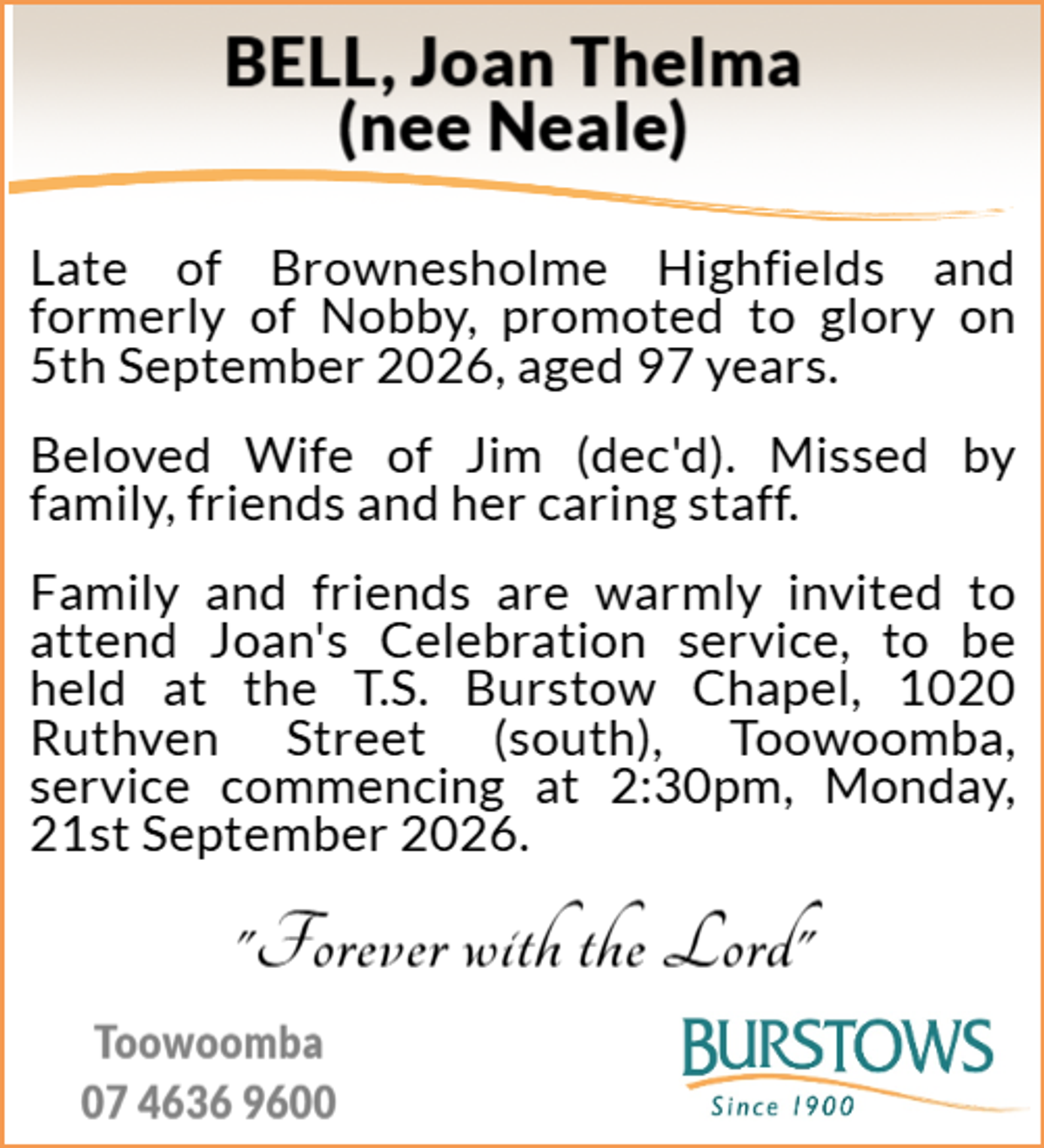 Funeral notice for Joan Thelma Bell