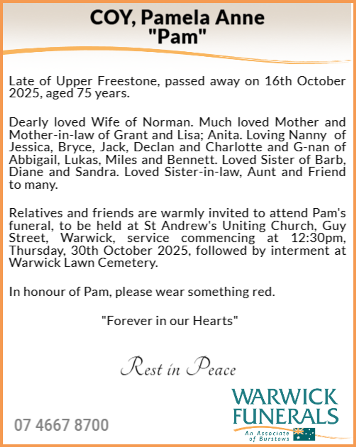 Funeral notice for Pamela Anne Coy