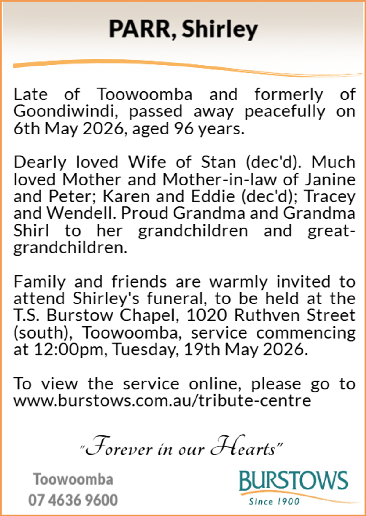 Funeral notice for Shirley Parr
