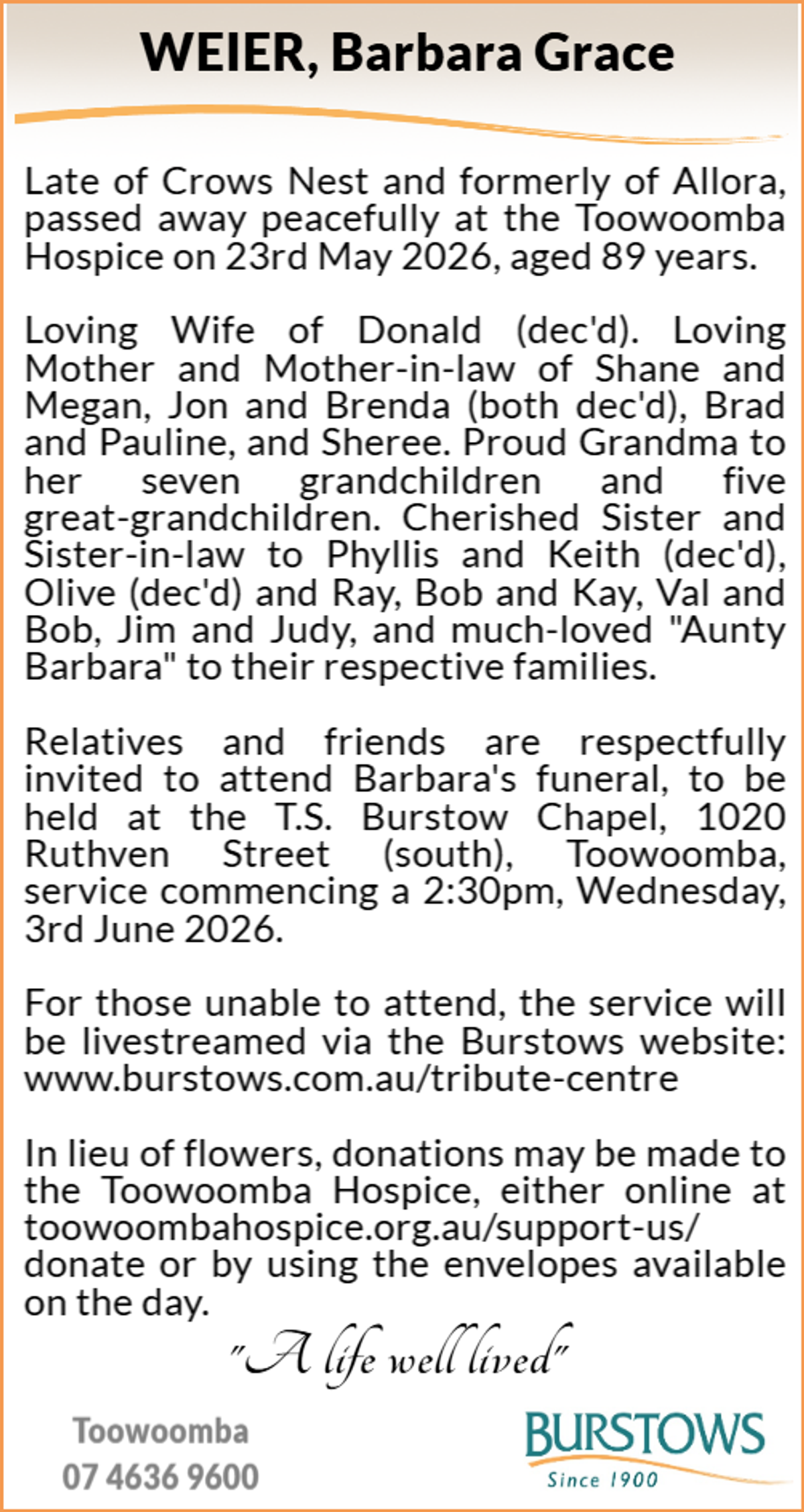 Funeral notice for Barbara Grace Weier