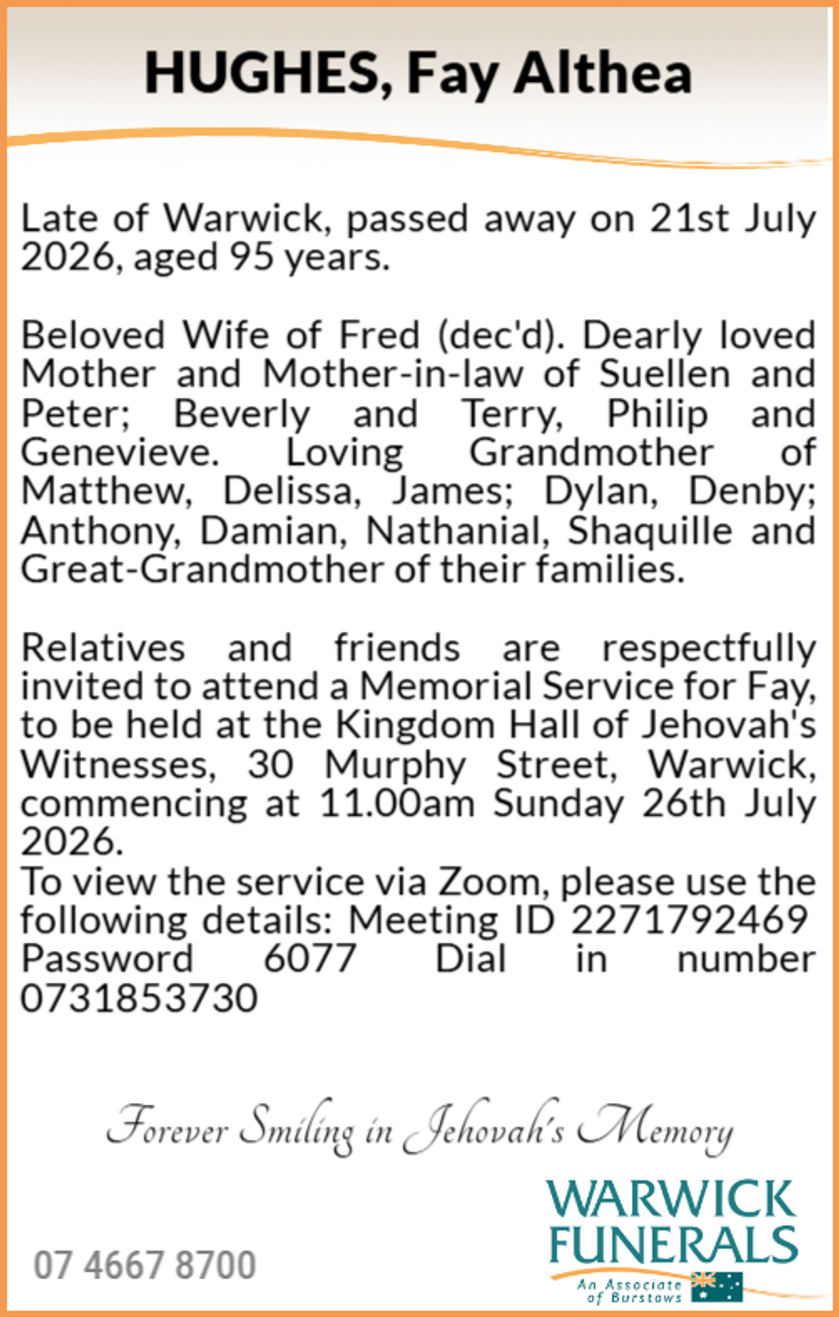 Funeral notice for Fay Althea Hughes